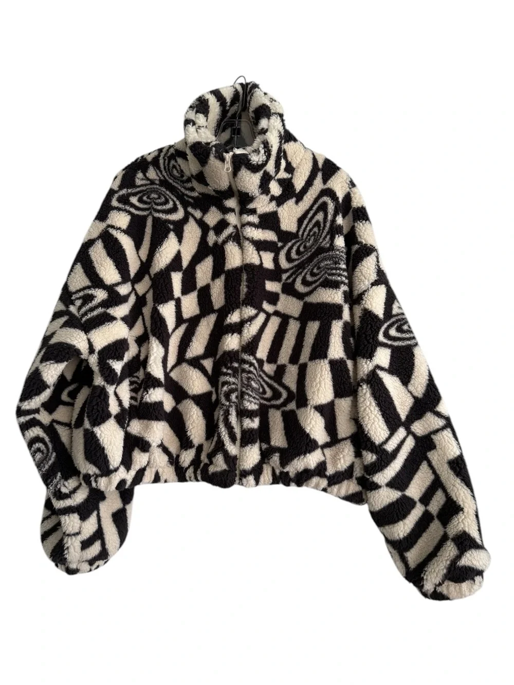 Urban Outfitters Olivia Print Sherpa Jacket Butterfly Mod Cream Black Fleece S